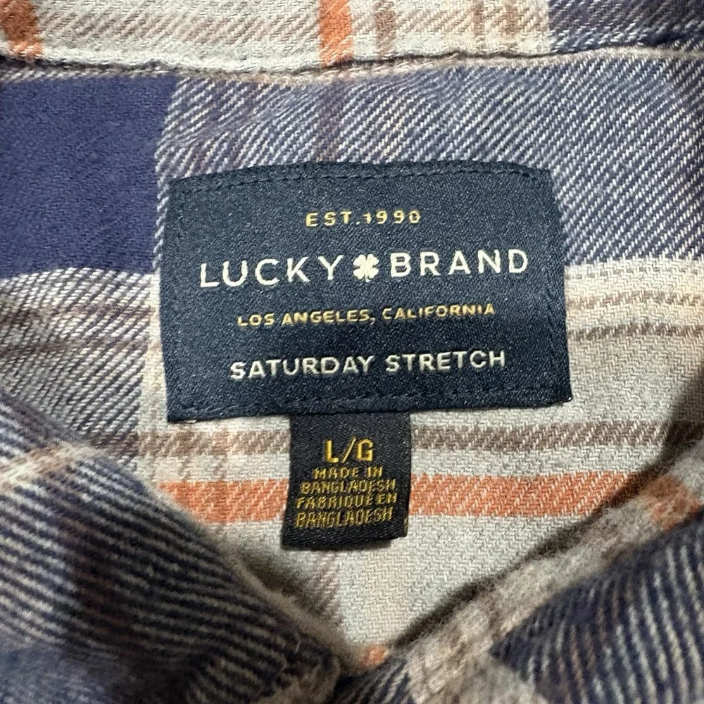 Lucky Brand Pearl Snap Blue White Plaid Flannel Sz L Western Saturday Stretch